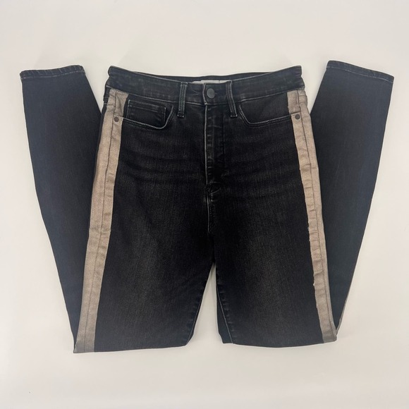 Athleta Sculptek Jeans with Tuxedo Stripe Womens size 8 Black Gold Stretchy - Picture 1 of 9